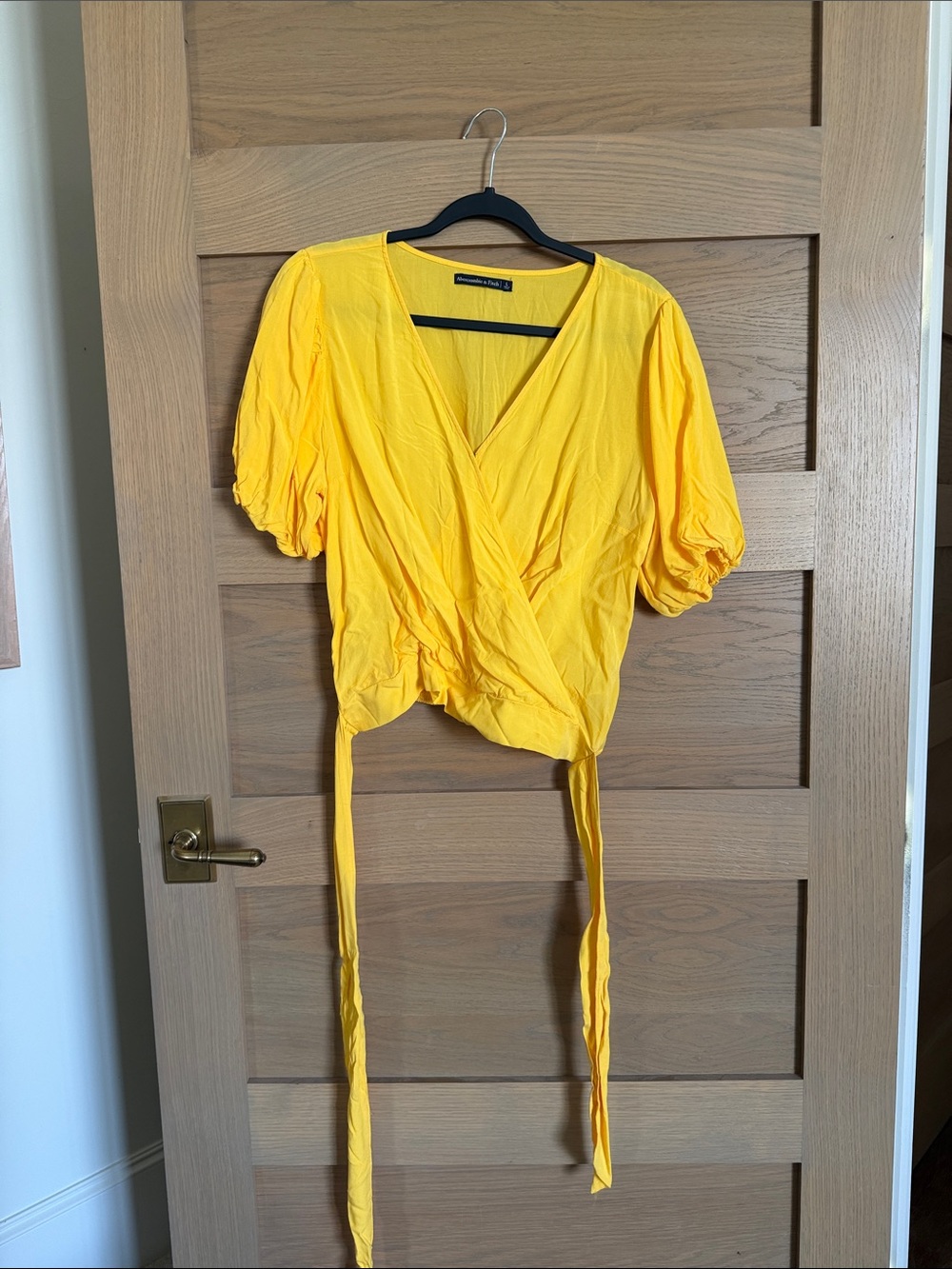 Abercrombie & Fitch Yellow Wrap Crop Top with Puff Sleeves